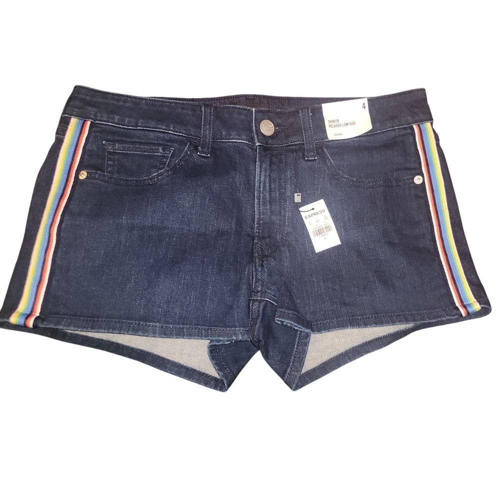 EXPRESS Rainbow Stripe Relaxed Low Rise Denim Shortie Shorts Size 4 NWT - Picture 2 of 10